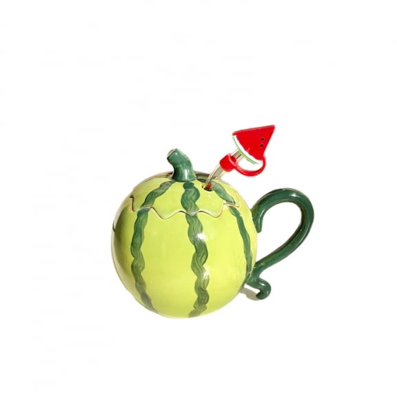 UFORU Cute Watermelon Ceramic Mug with Lid, Straw, Creative Fruit Coffee Cup, Aesthetic Ceramic Drinking Mug, Microwave & Dishwasher Safe for Home Office Use