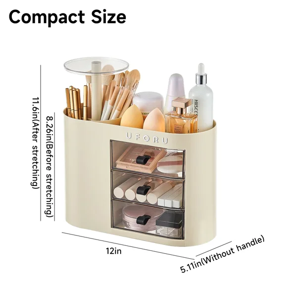 UFORU Makeup Organizer with Drawers for Vanity, 4-Slot Makeup Brush Holder with One-Touch Open, Cosmetic Storage Box for Dresser, Bathroom Countertop and Bedroom