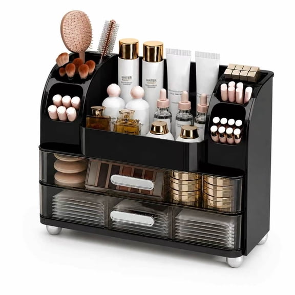 UFORU Makeup Organizer for Vanity, Cosmetic Display Case with 2 Large Drawers and Covered Brush Holder for Bathroom Countertop,Bedroom and Dorm,Black