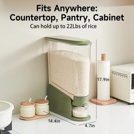 UFORU Narrow-Mouth Sealed Grain Storage Container, Large Capacity 22 lb Rice and Dry Food Dispenser, BPA-Free Food-Grade Storage Box for Rice, Beans,Moisture-Resistant Kitchen Organizer