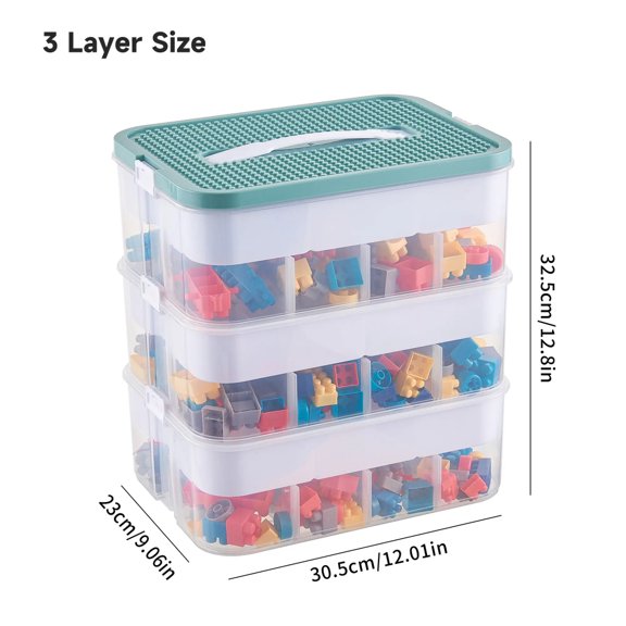 UFORU Small Building Blocks 3-Tier Storage Box, Stackable Clear Plastic Organizer with Lid & Adjustable Dividers – Toy Storage Container for Small Bricks, Tiny Parts, Home & Game Room Organization