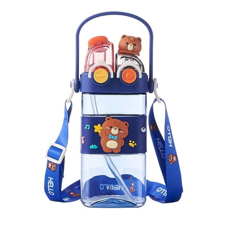 UFORU Square Plastic Water Cup with Straw and Lid Leak-Proof Portable Tumbler with Strap for Home, Office, and Outdoor Use（Blue）