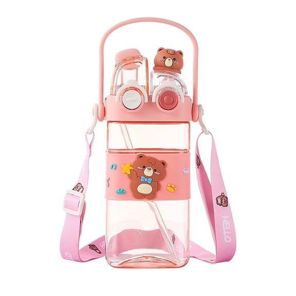 UFORU Square Plastic Water Cup with Straw and Lid Leak-Proof Portable Tumbler with Strap for Home, Office, and Outdoor Use(Pink)