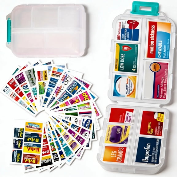 UFORU Travel Pill Organizer Box with 146 Labels, 10 Compartment Small Pill Case Medicine Kit, Portable Pocket Purse Pharmacy, Daily Weekly Vitamin Supplement Medication Holder