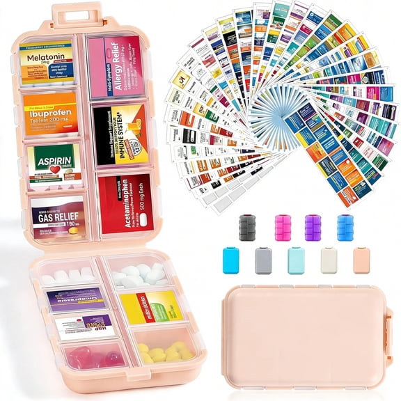 UFORU Travel Pill Organizer Box with 146 Labels, 14 Compartment Small Pill Case Medicine Kit, Portable Pocket Purse Pharmacy, Daily Weekly Vitamin Supplement Medication Holder