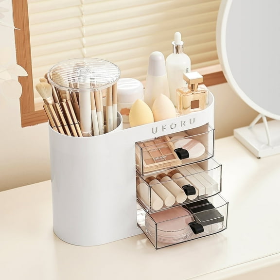 UFORU Makeup Organizer – White countertop case with pop-up brush holder, 3 drawers & a dust-proof cover. Perfect for lipstick, skincare & cosmetics