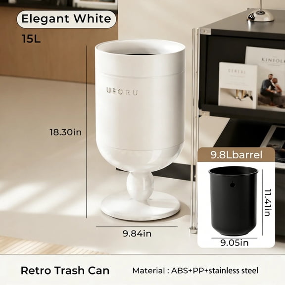 UFORU Wine Glass Shaped Trash Can with Rolling Base, 15L Decorative Waste Bin with Inner Bucket and 60 Trash Bags, Sliding Standing Garbage Can for Living Room, Bedroom and Office