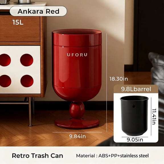 UFORU Wine Glass Shaped Trash Can with Rolling Base, 15L Decorative Waste Bin with Inner Bucket and 60 Trash Bags, Sliding Standing Garbage Can for Living Room, Bedroom and Office