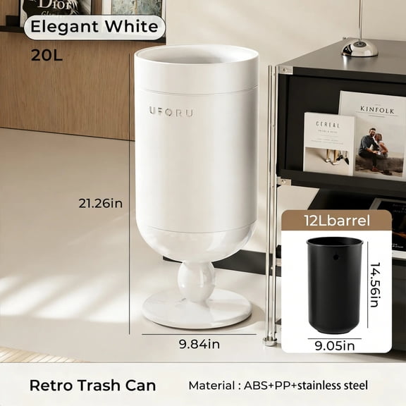 UFORU Wine Glass Shaped Trash Can with Rolling Base, 20L Decorative Waste Bin with Inner Bucket and 60 Trash Bags, Sliding Standing Garbage Can for Living Room, Bedroom and Office