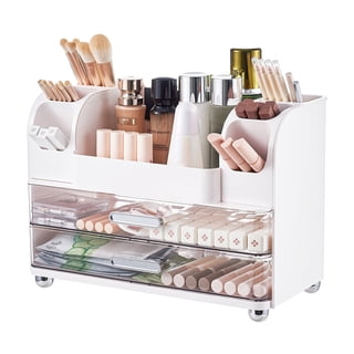 UFORU Makeup Organizer for Vanity, Cosmetic Display Case with 2 Large Drawers and Covered Brush Holder for Bathroom Countertop, Bedroom and Dorm, White