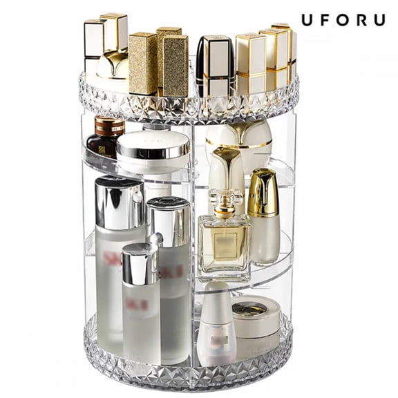 UFORUClear 360 Rotating Cosmetic Organizer, Round Makeup Storage Carousel with Divided Compartments and Adjustable Trays for Skincare, Perfume, Lipstick, Brushes