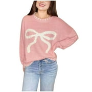 UFOUND 2024 Women Bow Knitted Sweater Round Neck Long Sleeve Pullover Jumper Knitwear Christmas Fall