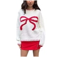 thumbnail image 1 of UFOUND 2024 Women Bow Knitted Sweater Round Neck Long Sleeve Pullover Jumper Knitwear Cute Fall, 1 of 3