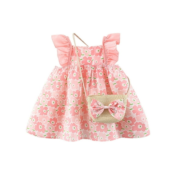 UFOUND Baby Dress Floral Princess Beach Vacation With Bag Ruffles Summer Dress Set Girls Sleeveless Bowknot Dresses Sundress Leisure Dailywear