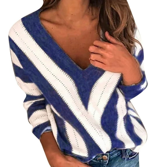 UFOUND Comfy Womens Sweaters V-Neck Long Sleeve Pullover Top Striped Hollow Knit Classic Dailywear Unique Winter Jumper