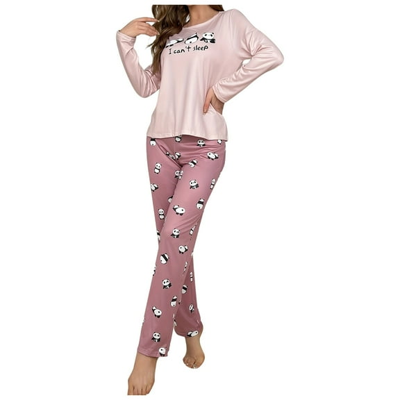 UFOUND Cozy Panda Cartoon Long Sleeve Pajama Set For Women Comfortable Two Piece Sleepwear With Long Pants Classic