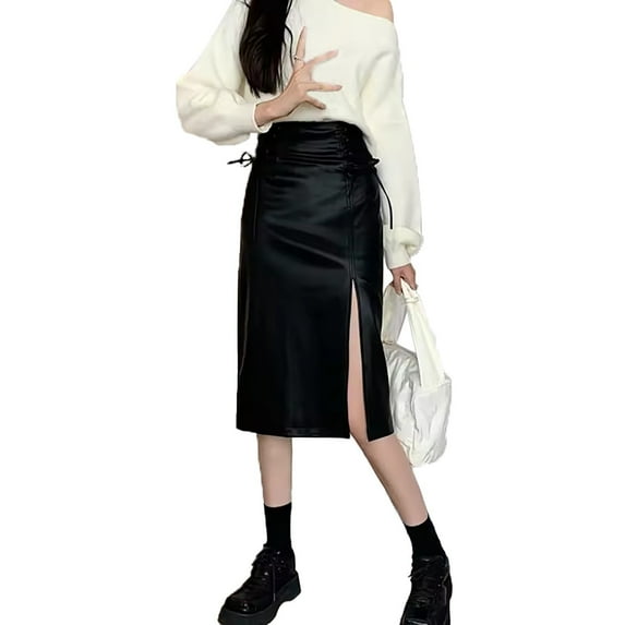 UFOUND Faux Leather Pencil Skirt High Waist Split Women Half Body Midi Slim Skirt Stylish