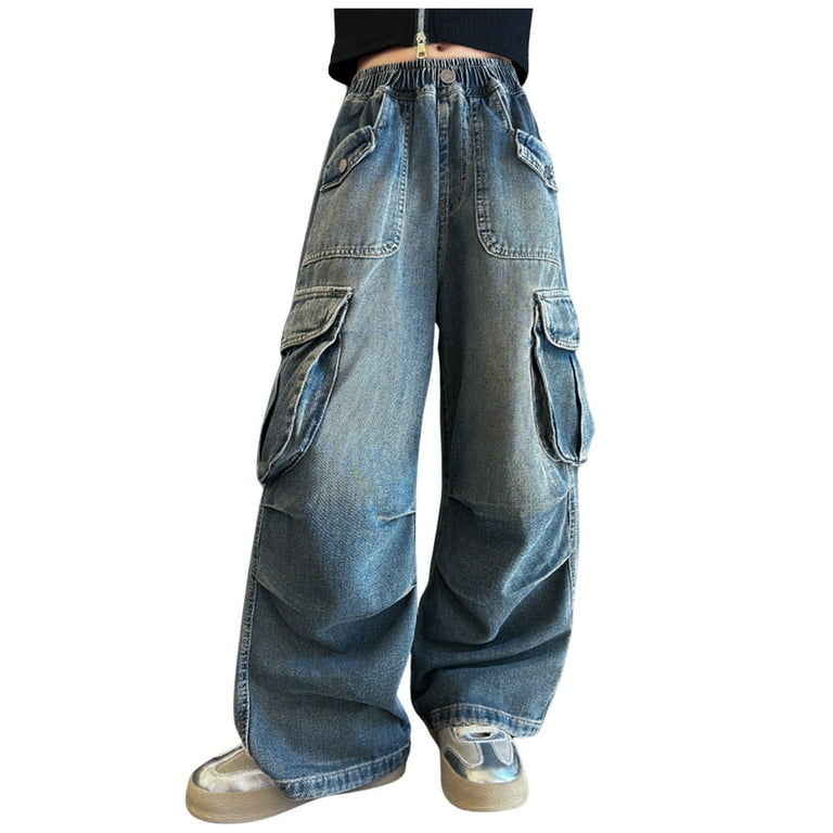 UFOUND Girls Cargo Baggy Pants Elastic Waist Wide Leg Jeans