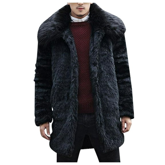 UFOUND Men Jackets Coats Winter Casual Fashion Cony Hair Lapel Medium And Long Thick Coat Jacket Top