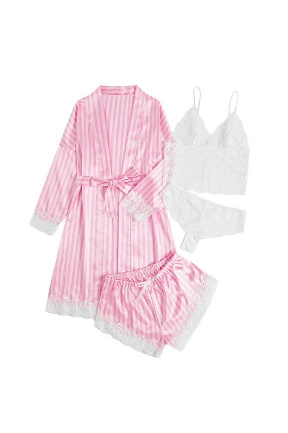 Silk Pajamas For Women Set 4 Piece Satin Sleepwear Classic Button Down Short Sleeve Pj Set Cute Loungewear Cute