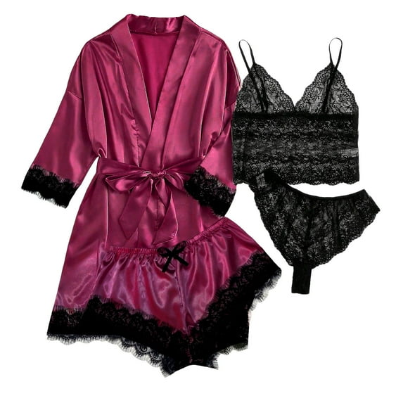 UFOUND Silk Pajamas For Women Set 4 Piece Satin Sleepwear Classic Button Down Short Sleeve Pj Set Cute Loungewear Versatile