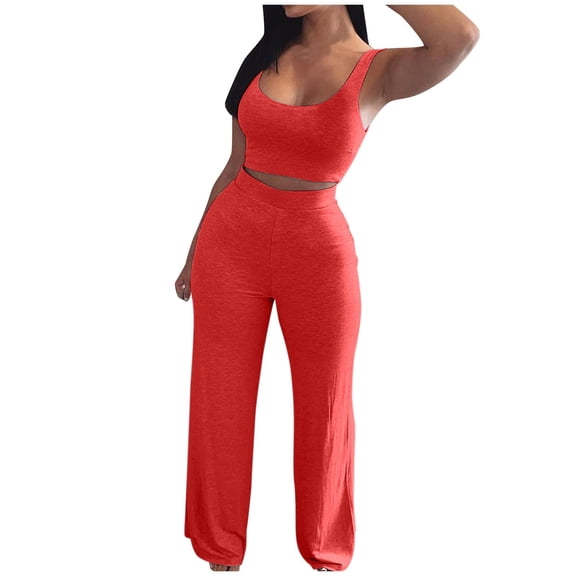 UFOUND Sleepwear 2 Piece Sets For Women Summer Sets Tops Wide Leg Crop Pants Vacation Travel Outfits Solid Color Sleeveless Scoop Neck Crop Tank Top Pajamas Loungewear Home Wear Daily Nightwear Pjs