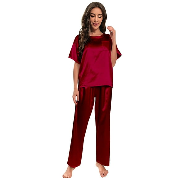 UFOUND Sleepwear Womens Satin Silky Pajama Set Short Sleeve Shirt With Long Pajama Pant Set Soft PJ Loungewear Homewear Nightwear Everyday