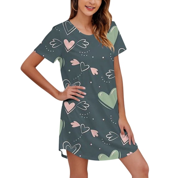UFOUND Sleepwear Womens Short Sleeve Love Printing Sleepshirt O-Neck Cute Nightdress Comfy Nightgown Dress Pajamas Homewear Loungewear Nightwear Cozy
