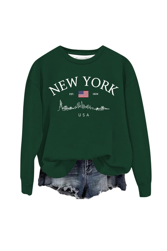 Sweatshirt Women Casual Crew Neck Pocket New York City English Letter Printed Pullover Long Sleeve Winter Tops Comfort Streetwear