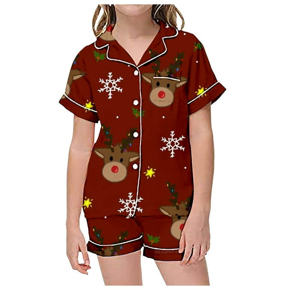 UFOUND Toddler Child Pajamas Christmas Print Short Sleeve Shorts Cardigan Children Pyjamas Two Sets Soft Homewear