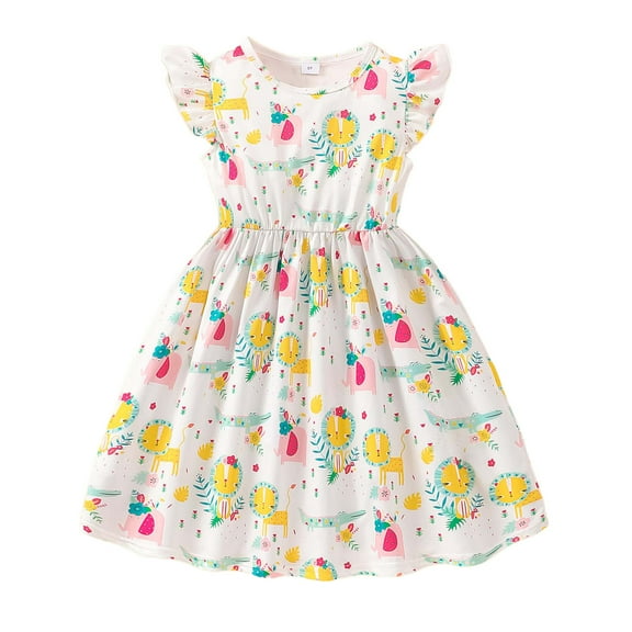 UFOUND Toddler Children Girls Dresses Short Sleeve Cartoon Prints Dress Sundress Lovely Dailywear