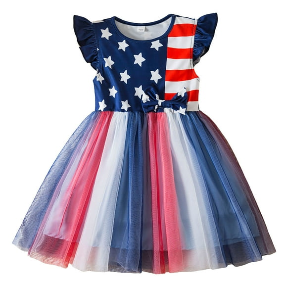 UFOUND Toddler Children Girls Fly Sleeve Bowknot Flag Prints Dresses Dress Sundress Breathable Dailywear