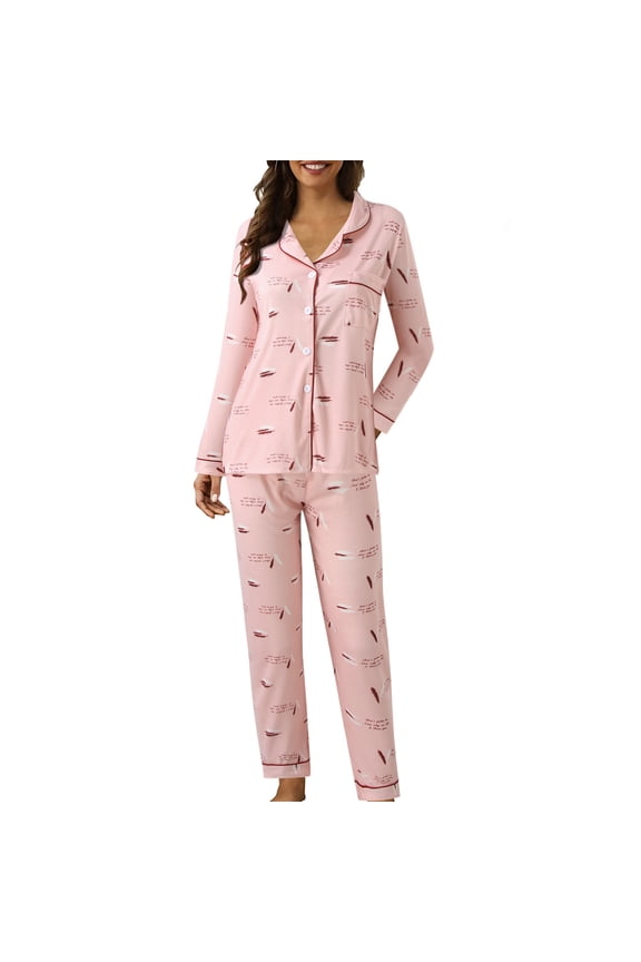 Women Casual Lapel Button Feather Polka Dot Strawberry Print Pajamas Two Piece Long Sleeve With Pants Sleepwear Suit