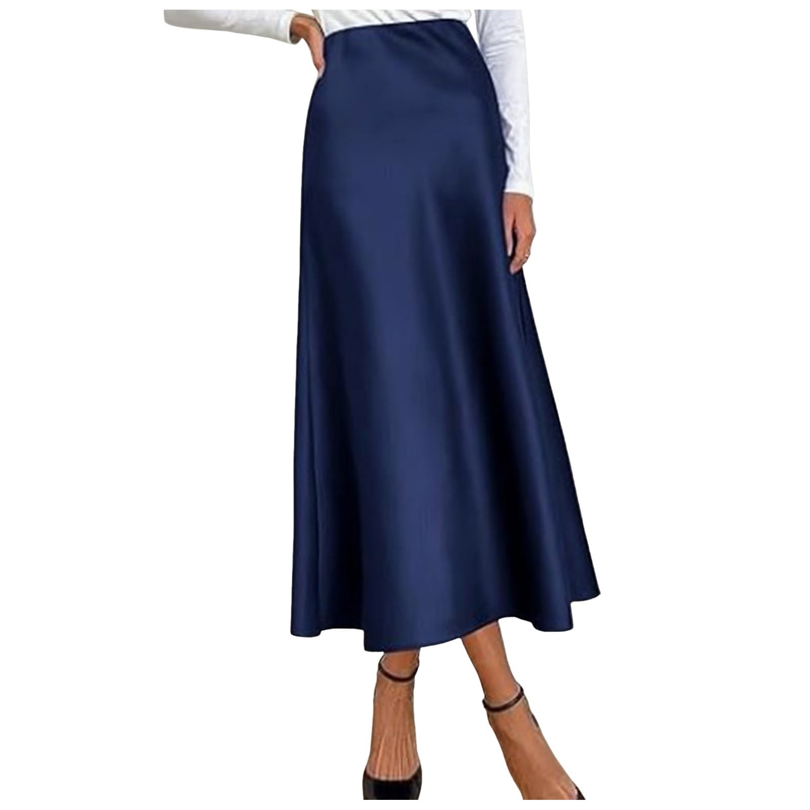 Yoeasy Women's Satin High Waisted Midi Skirt - A-Line Elastic Waist, Smooth Solid Color, Perfect For Spring & Summer