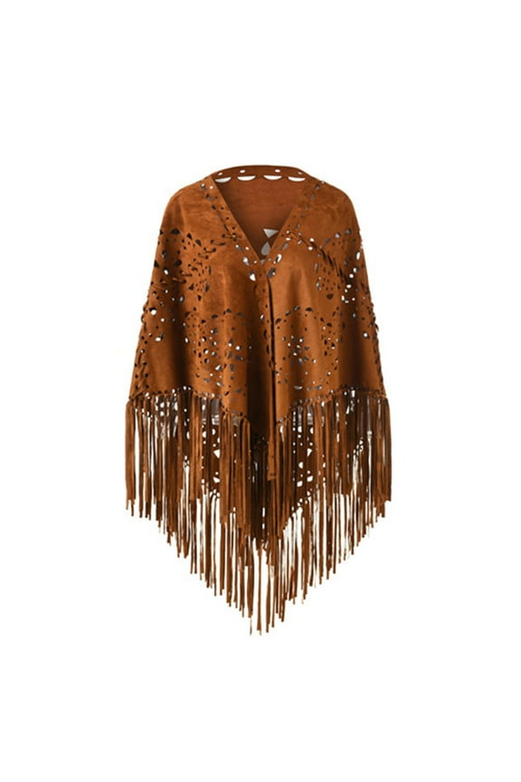 Women Loose Suede Fringes Open Cape Poncho Scarf With Punch Pattern Graceful Fringes Shawl Winter