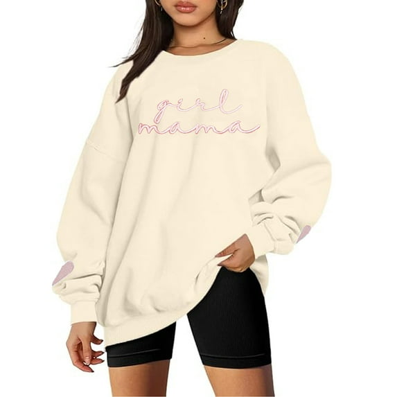 UFOUND Women Mama Oversized Crewneck Sweatshirt: Momma Embroidered Shirt Funny Mom Letter Print Long Sleeve Pullover Winter Tops Versatile Dailywear