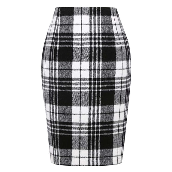 UFOUND Women Pencil Plaid Midi Skirt Autumn/Winter High Waist Fitted Knee Length Wool Skirt Breathable