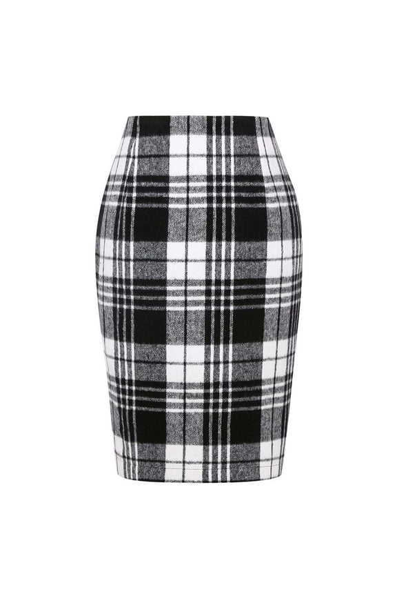 UFOUND Women Pencil Plaid Midi Skirt Autumn/Winter High Waist Fitted Knee Length Wool Skirt Breathable