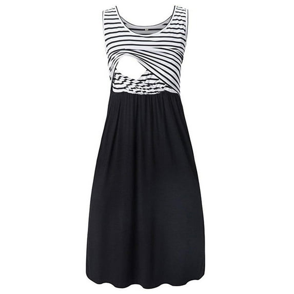 UFOUND Women Pregnant Maternity Nightwear Homewear Sleeveless Stripe Printed Tank Dress Breastfeeding Summer Maternity Sleepwear