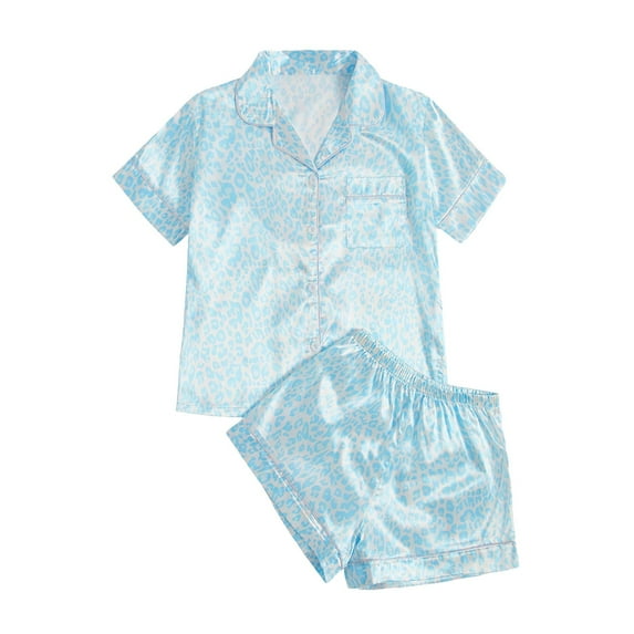 UFOUND Women Silk Satin Pajama Set Casual Solid Color Short Sleeve Button Up Top & Shorts Sleepwear Homewear Nightwear Loungewear Pjs Pyjamas Classic