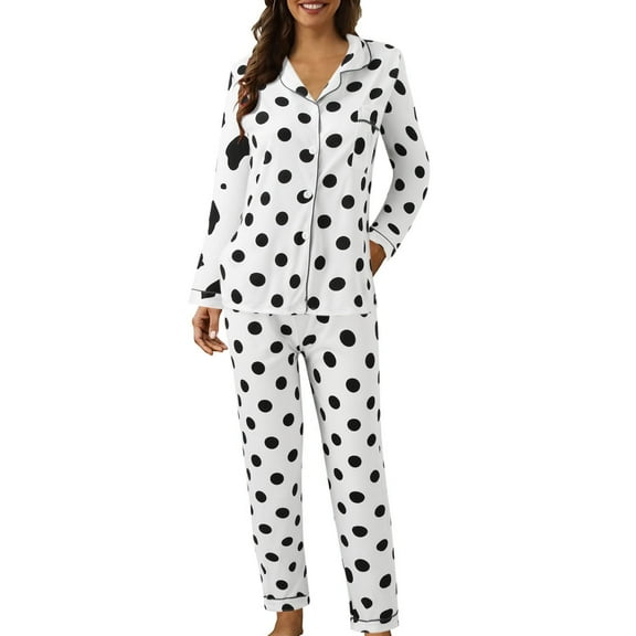 UFOUND Women Sleepwear Casual Lapel Button Polka Dots Print Two Piece Long Sleeve Pajamas Suit Homewear Loungewear Nightwear Comfort