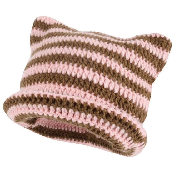 UFOUND Women Winter Cat Ears Hats Soft Slouchy Striped Knitted Hat Trendy Warm Crochet Braided Knitted Hats