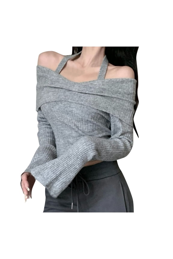 Women Winter Off Shoulder Knit Sweater Long Sleeve Slim Fit Crop Tops Pullover Jumper Leisure Fall 2024