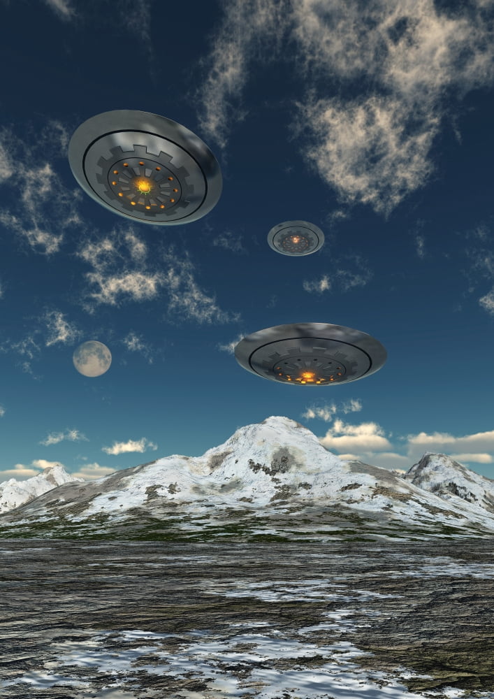 UFOs flying over a mountain range Canvas Art - Mark StevensonStocktrek Images (12 x 17)