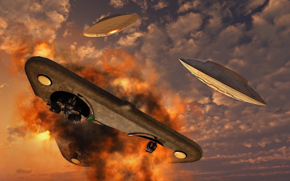 UFOs from different alien races fighting each other in the Earths atmosphere Canvas Art - Mark StevensonStocktrek Images (18 x 12)