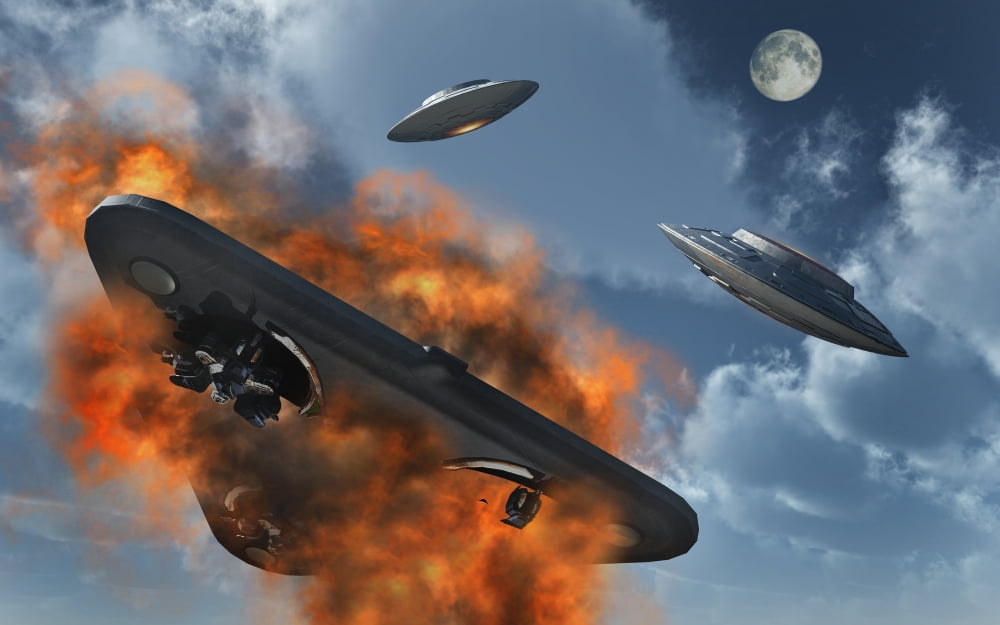 UFOs from different alien races fighting each other in the Earths atmosphere Canvas Art - Mark StevensonStocktrek Images (36 x 23)