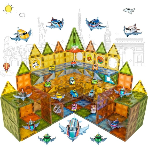 UFULMN Magnetic Tiles Diamond Series with Lights 4 Pull-Back Metal Cars&7 Airplanes Magnet Tiles Building Block Toy for Kids Educational Construction STEM Toy, Great Gift for Kids Aged 3-8