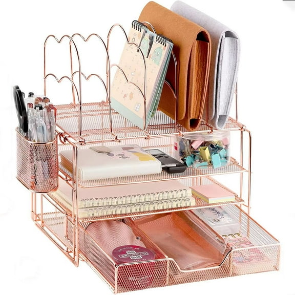 UFUN Office File Organization Bookshelf, Rose Gold Paper Shelf for Desk Office