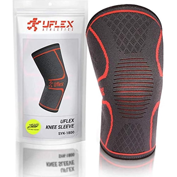 UFlex Knee Compression Sleeve Support for Women and Men - Non Slip Knee Brace for Pain Relief, Fitness, Weightlifting, Hiking, Sports - Red, Medium