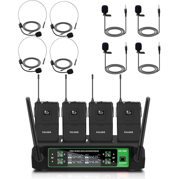 UG-550 Wireless Lapel Microphone, 4 Channel Professional UHF Wireless Microphone System with 4 Lavalier 4 Headset Mics for Singing Meeting Church Event TV Speaker (4 Bodypack, 200ft Range)